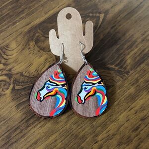 Wood Teardrop Earrings with Colorful Rainbow Horse western, whimsical, rainbow